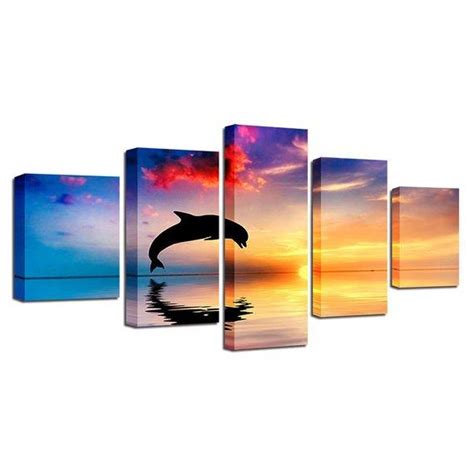 Dolphin Swim Jump Seascape Sunset Beautiful Colors – Animal 5 Panel ...