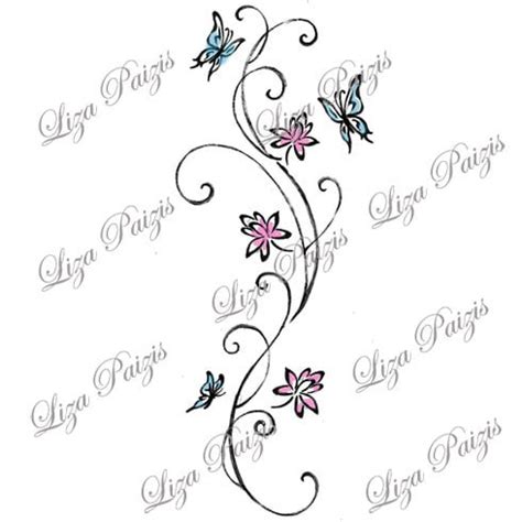 Vine Tattoo With Lotus Flowers and Butterflies With Swirls in Color - Etsy