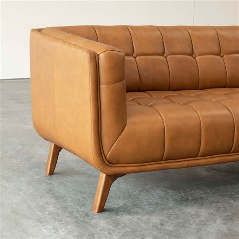 mid century modern allen tan full grain leather sofa 84" - ash0428