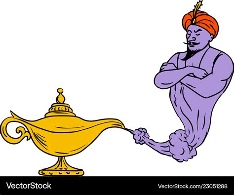 Genie coming out of golden oil lamp drawing color Vector Image