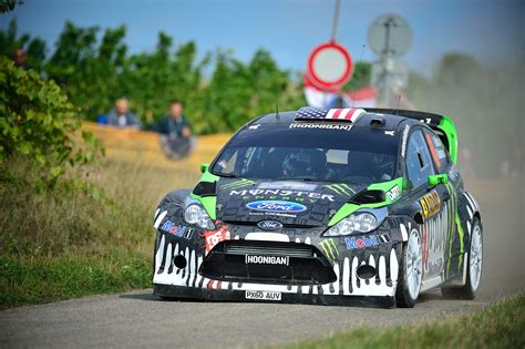 Ken Block drives his Ford Fiesta WRC rally car through the ADAC Rally Deutschland 2011 shakedown ...