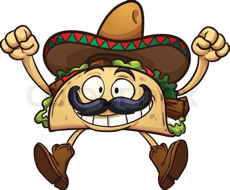 Happy cartoon taco with Mexican sombrero. Vector clip art illustration with simple gradients ...