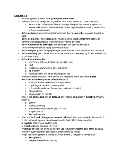 Immunology Lectures 1-9 Notes for Midterm 1 - Lectures 1- Immune system protects from pathogens ...