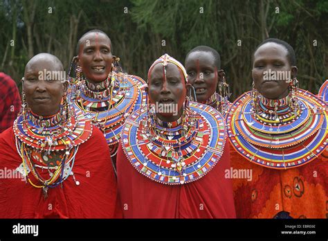 Massai-Gruppe mit traditioneller Kleidung, Kenia, Masai Mara ...