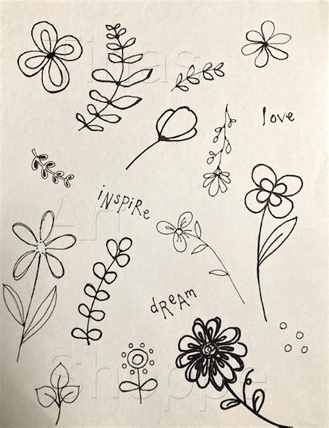 Floral Doodles, Botanical Digital Flowers, Black and White Wildflowers, Fodder Flowers, Hand ...