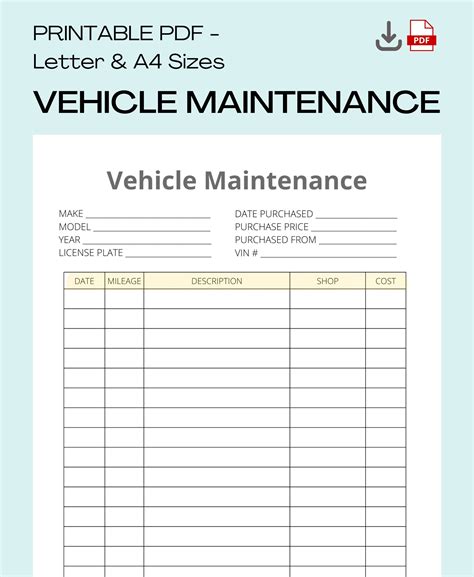 Vehicle Maintenance Log, Vehicle Repairs, Car Repairs Printable Log, Repair Checklist, Instant ...