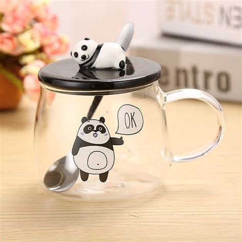 Panda Cup, Cute Glass Panda Teacups, Panda Glass Coffee Cups with Lid