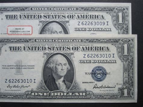 $1 1935f One Dollar Crisp Silver Certificate Old Paper Money Consecutive