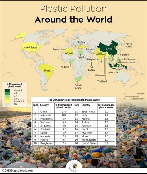 World map depicting top 20 countries contributing to plastic pollution ...