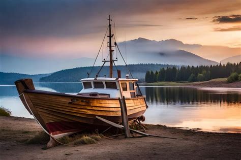 Premium AI Image | a boat on the shore of a lake at sunset