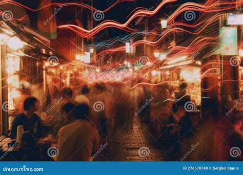 A Crowd of People Walking Down a Street at Night. AI Generative Image. Stock Illustration ...