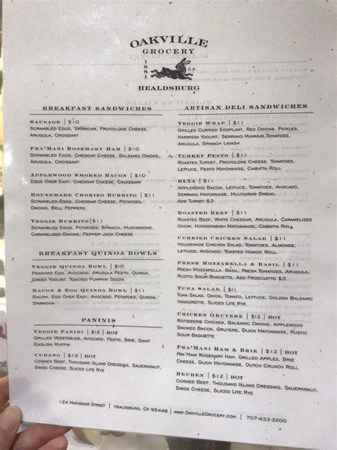 Menu at Oakville Grocery pub & bar, Healdsburg