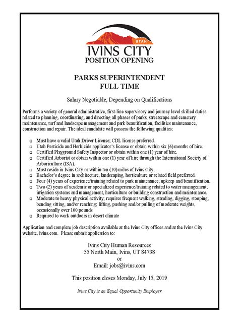 Parks Superintendent Job Posting | Ivins City