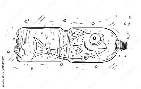 Cartoon drawing conceptual illustration of fish trapped in PET or ...