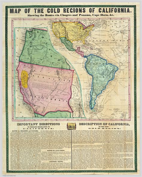 A map showing the gold mining region of California and routes for ...