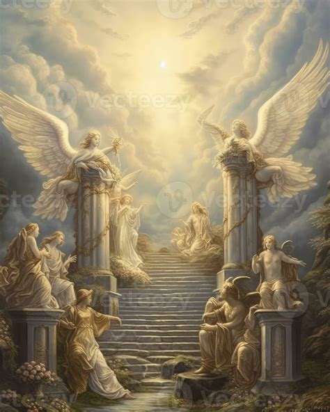 heavenly stairway to heaven with floating clouds angelic angels . 23775737 Stock Photo at Vecteezy