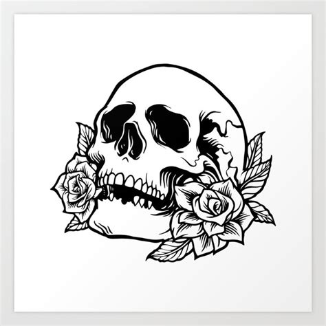 Black and White skull with roses pen drawing Art Print by KingMasterArt | Society6