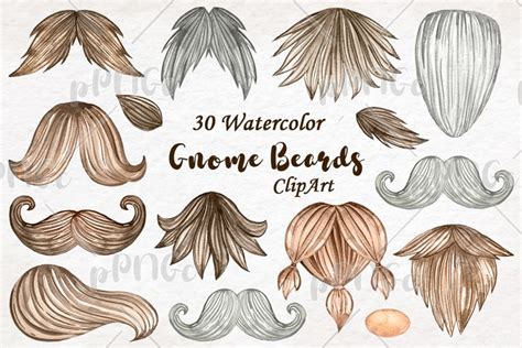 Watercolor gnome beards clipart, Moustache Watercolor