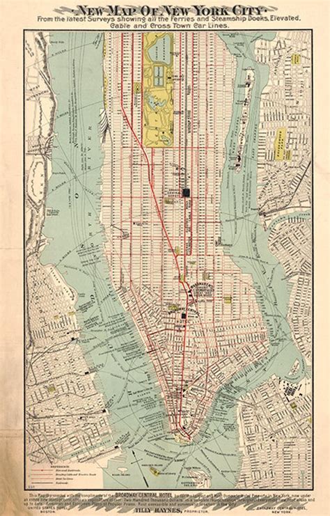 Map of Manhattan, New York 1890. Vintage restoration hardware home Deco Style old wall ...