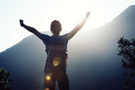 Hiker Hiking on Summer Sunrise Mountain Top Stock Image - Image of backpacker, copy: 121088155