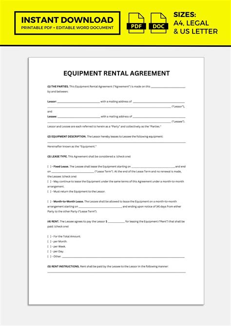 Equipment Rental Agreement, Equipment Rental Agreement Template, Equipment Rental, Rental ...