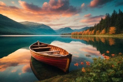 Premium Photo | Beautiful shot of a small lake with a wooden rowboat in ...