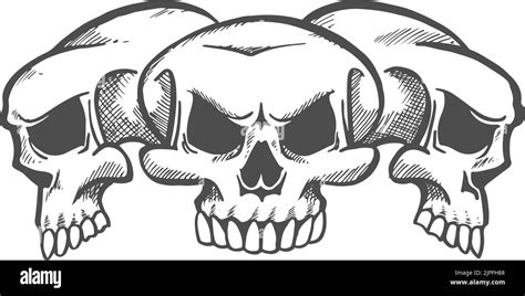 Three skulls, toothed skeletons isolated scary mascots. Vector dead human head, tattoo sketch ...