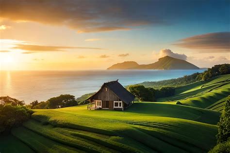 Premium AI Image | A house on a hill with a sunset