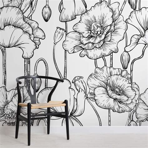 Black And White Floral Mural Wallpaper : Modern Hand Painted Black And White Dandelion Flowers ...