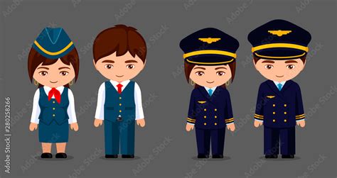 Pilot, stewardess and steward. Civil aviation professions. Little cartoon girl and boy in ...