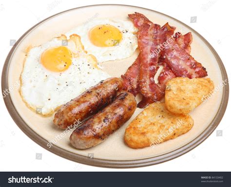 Fried Breakfast Eggs Sausages Bacon Hash Stock Photo (Edit Now) 84133402