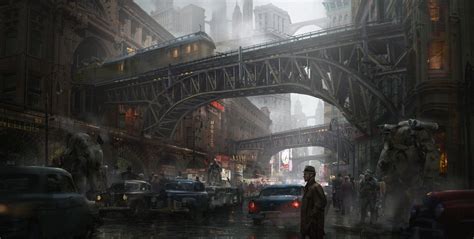 Sci Fi Dieselpunk Robot Car Tram City Street People Wallpaper Mendoza, Fantasy Landscape, Urban ...