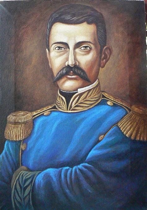a painting of a man with a mustache and blue coat, in front of a brown background