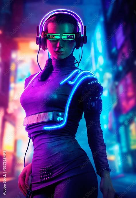 Fictional portrait of a sci-fi cyberpunk girl. High-tech futuristic woman from the future. The ...