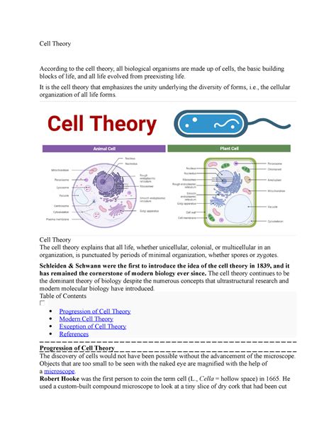 Cell Theory - Notes - Cell Theory According to the cell theory, all ...