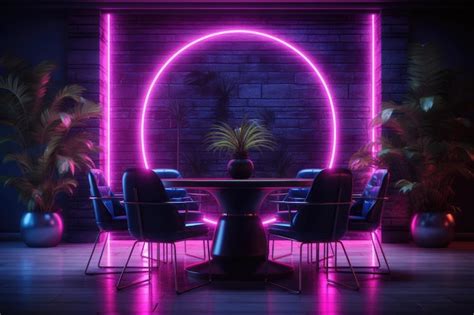 Premium AI Image | Interior of a room with a round dining table with neon purple lighting ...