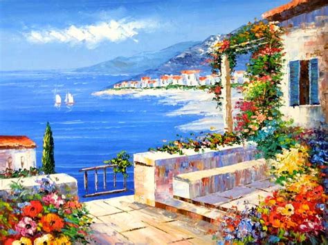 Mediterranean Impression | Colorful landscape paintings, Sea art painting, Sailing art