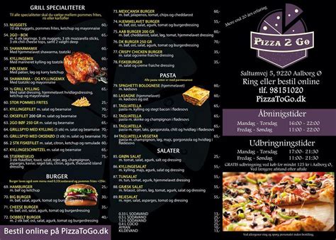 Menu at Pizza 2 Go restaurant, Aalborg