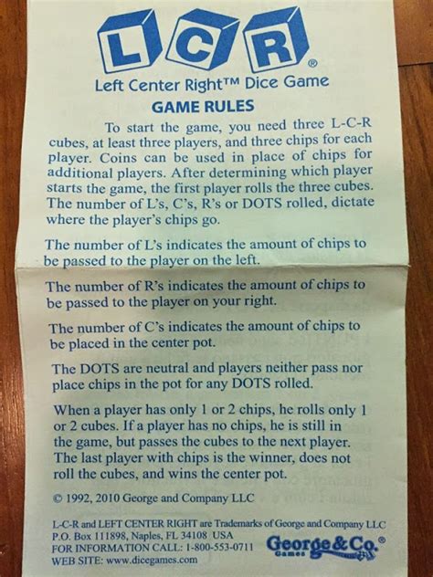 Left Right Center Rules Printable