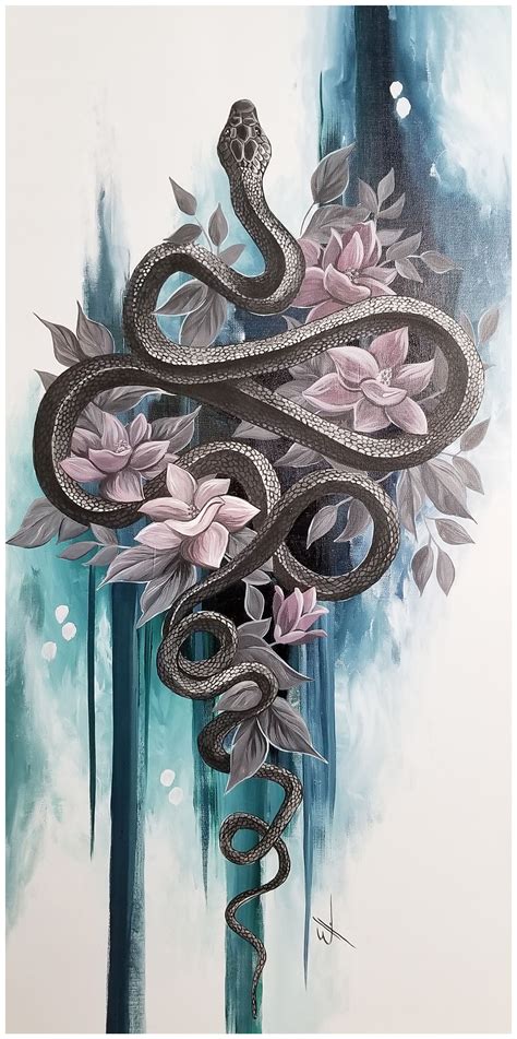 Black snake painting *AVAILABLE* Black mamba snake with flowers and abstract background acrylic ...