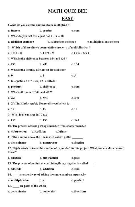 Math Quiz Be for Elementary Students by Secondary teacher - MATH QUIZ BEE EASY 1What do you call ...