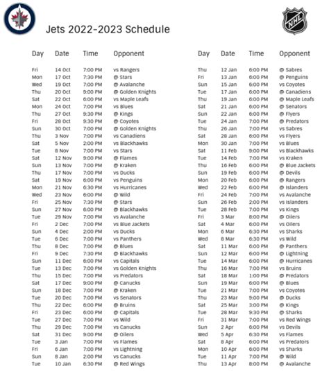 Winnipeg Jets 2022-23 Season Schedule