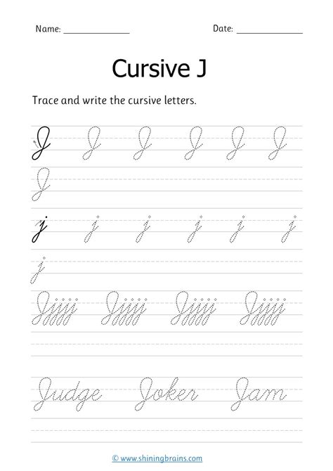 Cursive j - Free cursive writing worksheet for small and capital j practice