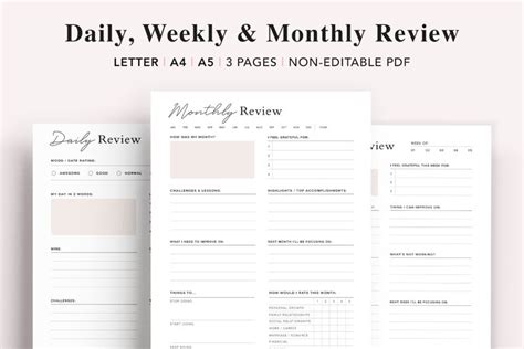 Daily, Weekly, Monthly Review Journal Worksheet Planner PDF