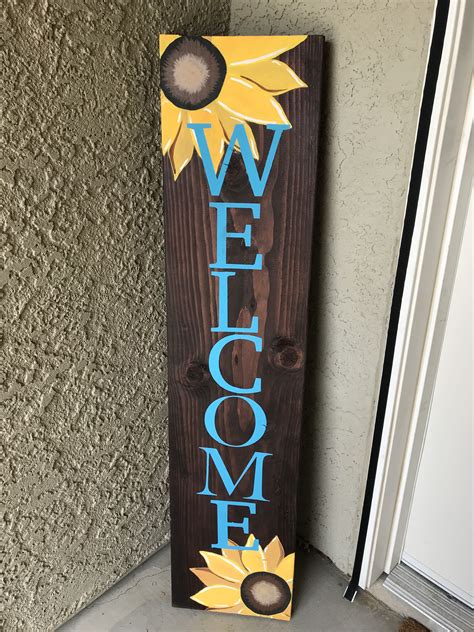 Hand painted leaning Welcome wooden anytime lettered porch sign with 🌻 s | Wooden welcome signs ...