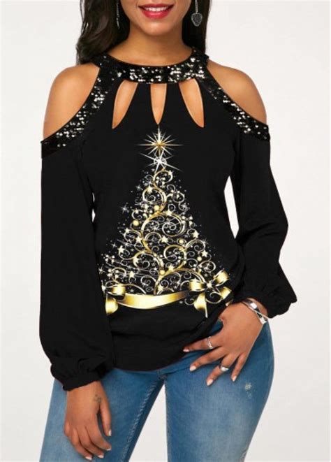 Sequin Detail Cold Shoulder Christmas Tree Print T Shirt in 2020 | Womens trendy tops, Trendy ...