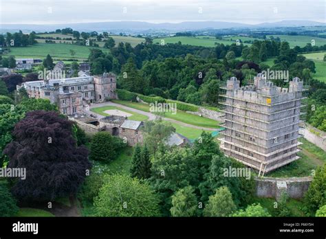 Appleby Castle from the air on the banks of the River Eden, built in the 12th Century Stock ...