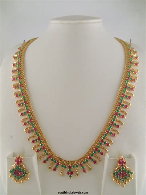 1 Gram Gold Ruby Emerald Stone Necklace - South India Jewels