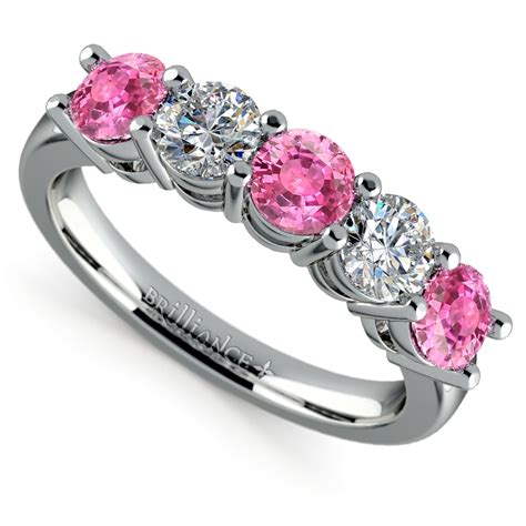 Five Stone Pink Sapphire & Diamond Ring In White Gold (1 1/2 ctw)