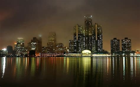 HD wallpaper: Detroit, Michigan, Usa, America, Night, View, Lights ...